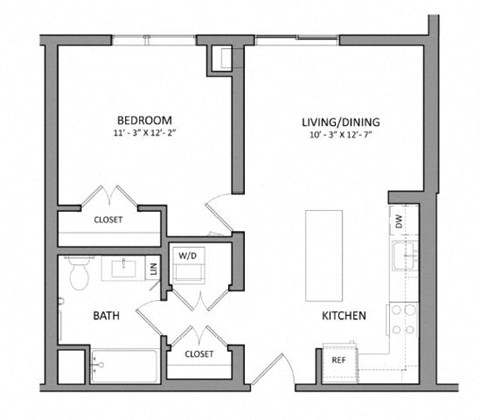 Floor plan for 1 bed, 1 bath, 613 sqft